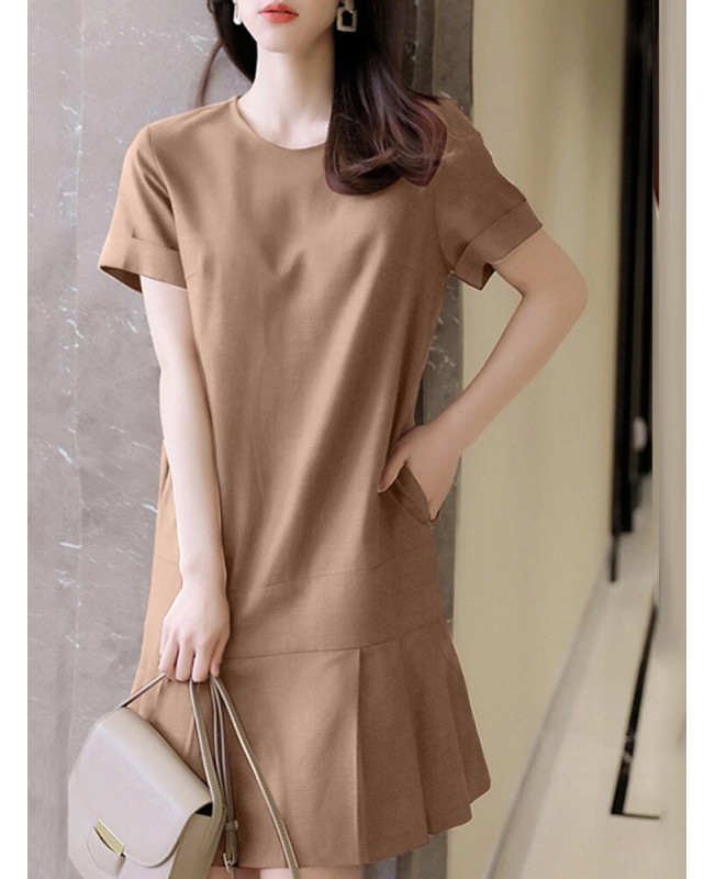 Solid Ruffle Hem Pocket Short Sleeve Crew Neck Casual Dress - Navy S