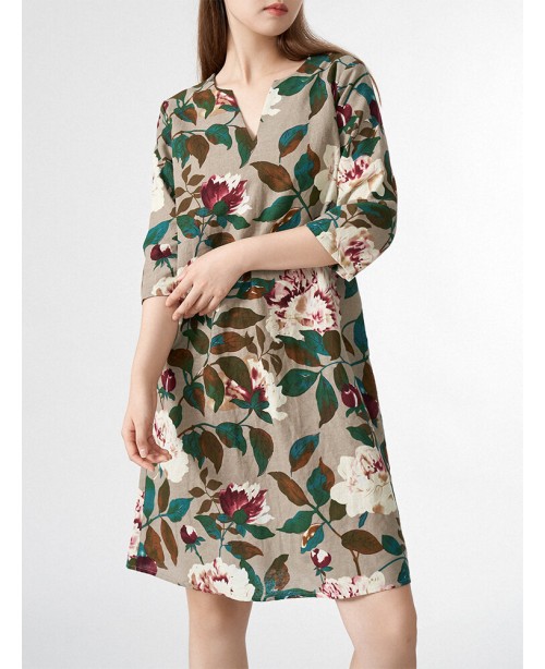 Allover Flower Leaves Print V-neck 3/4 Sleeve Dres...