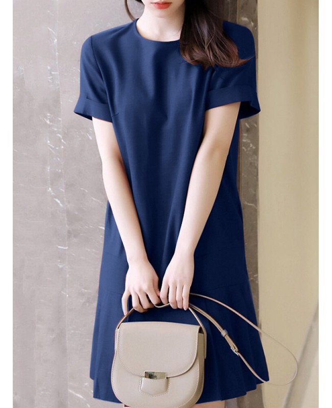 Solid Ruffle Hem Pocket Short Sleeve Crew Neck Casual Dress - Navy S