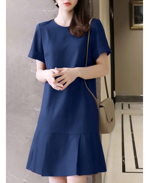 Solid Ruffle Hem Pocket Short Sleeve Crew Neck Cas...