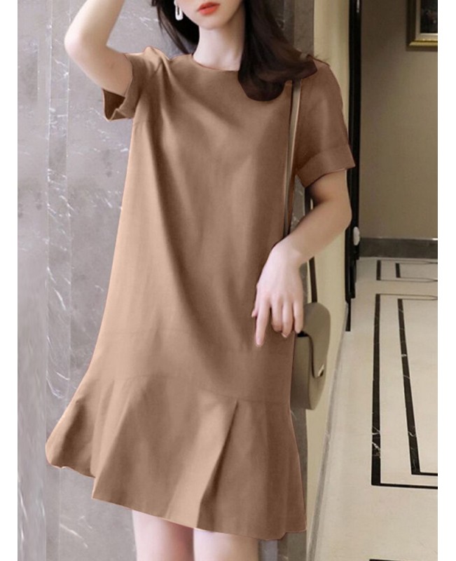 Solid Ruffle Hem Pocket Short Sleeve Crew Neck Casual Dress - Navy S