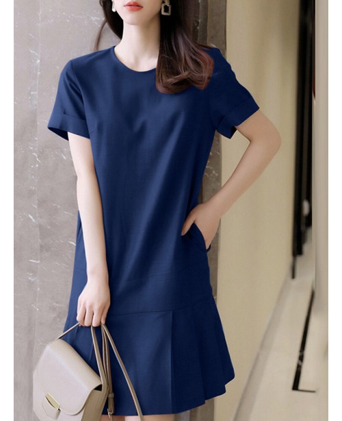 Solid Ruffle Hem Pocket Short Sleeve Crew Neck Cas...