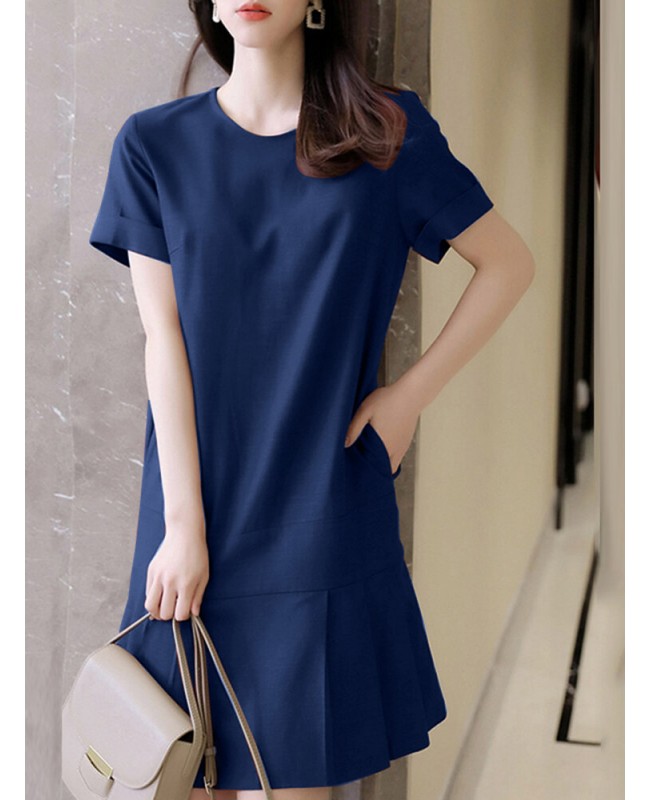 Solid Ruffle Hem Pocket Short Sleeve Crew Neck Casual Dress - Navy S