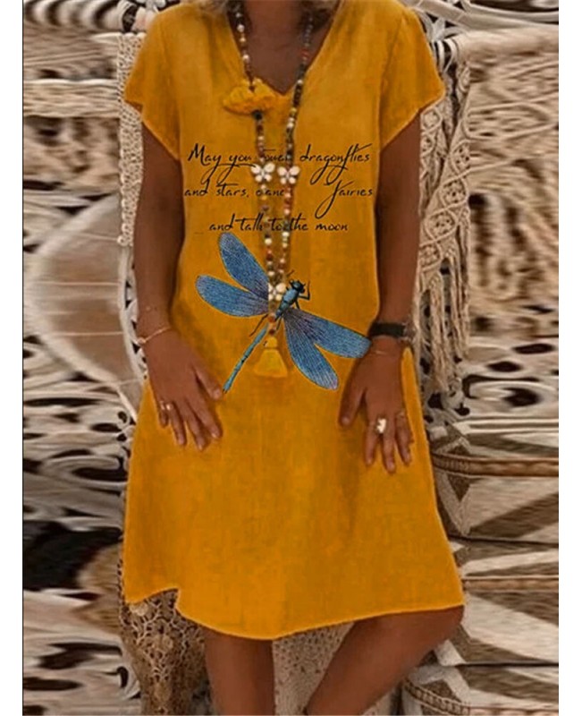 Casual Loose V-neck Short Sleeveless Funny Letter Print Mini Dress - khaki M