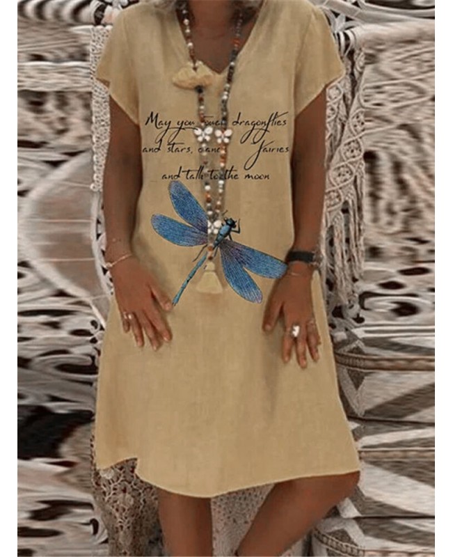 Casual Loose V-neck Short Sleeveless Funny Letter Print Mini Dress - khaki M