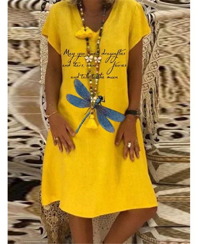 Casual Loose V-neck Short Sleeveless Funny Letter Print Mini Dress - khaki M