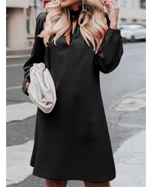 Puff Sleeve V-Neck Solid Spliced Casual Loose Dres...