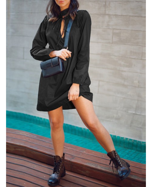 Puff Sleeve V-Neck Solid Spliced Casual Loose Dres...