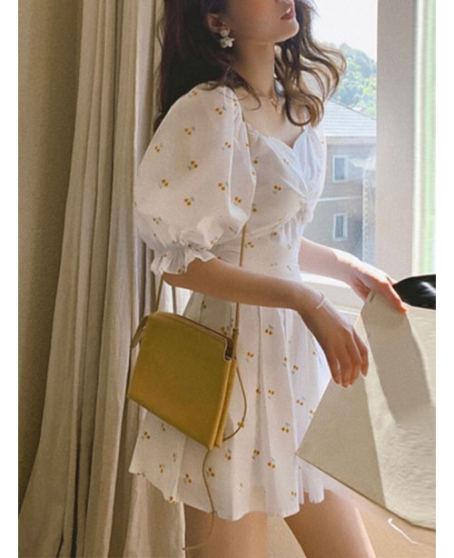 Floral Pleating Leisure Summer Casual Mini Dress F...