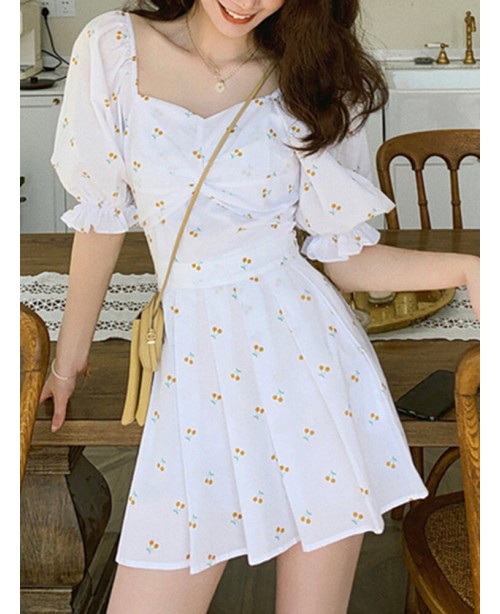 Floral Pleating Leisure Summer Casual Mini Dress F...