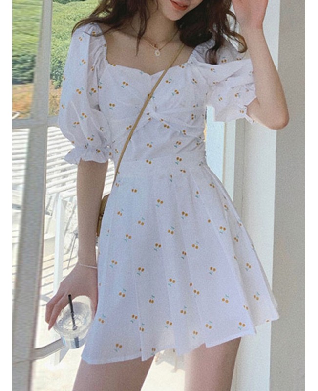 Floral Pleating Leisure Summer Casual Mini Dress For Women - White S