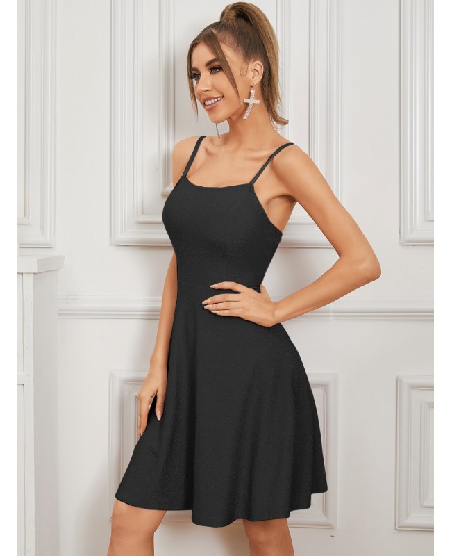 Glitter Design Spaghetti Backless Mini Dress - Black XS