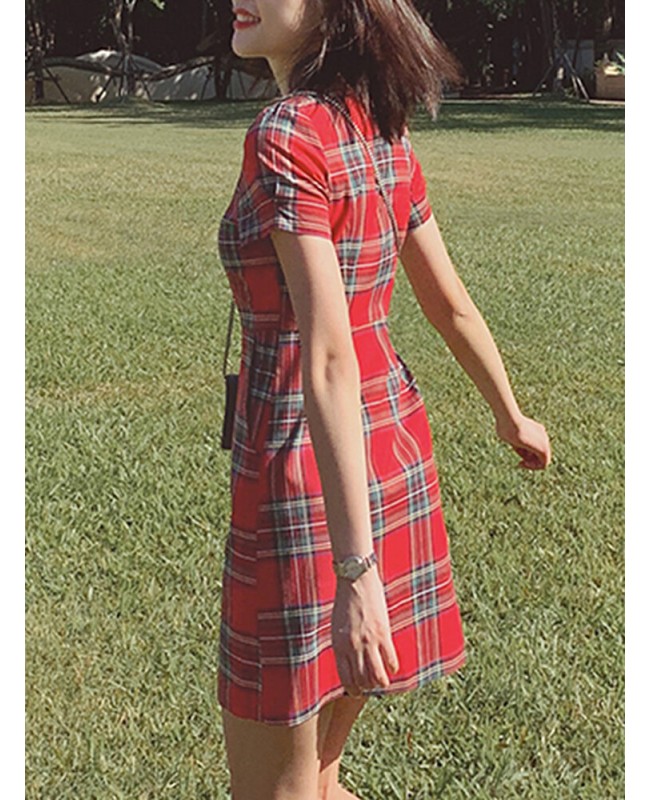 Plaid Square Neck Streetwear Holiday Women Dress - Yellow S