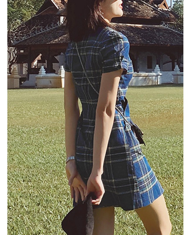Plaid Square Neck Streetwear Holiday Women Dress - Yellow S