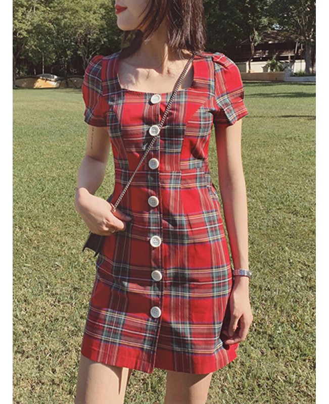 Plaid Square Neck Streetwear Holiday Women Dress - Yellow S