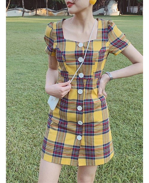 Plaid Square Neck Streetwear Holiday Women Dress -...