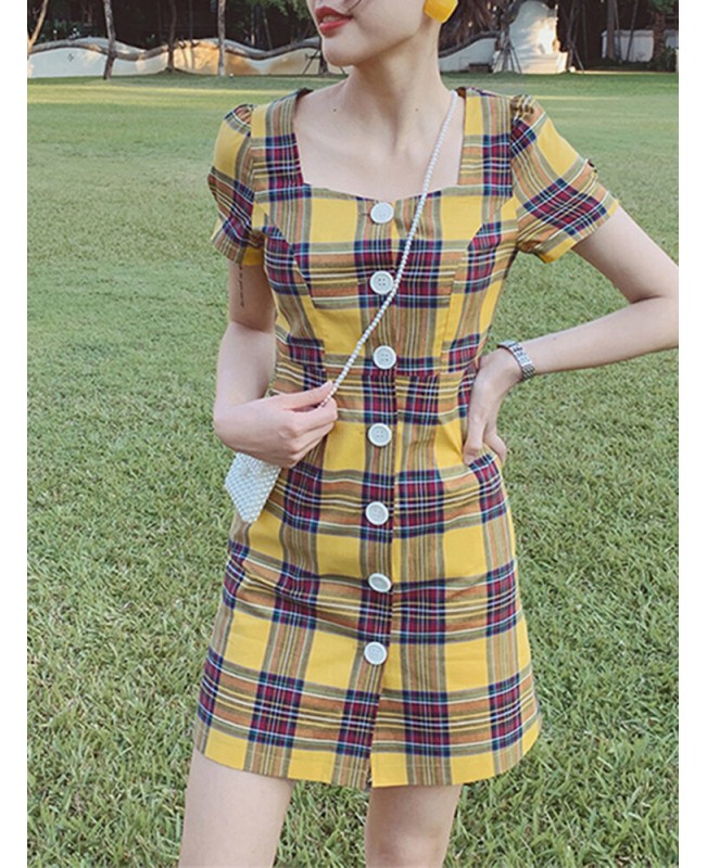 Plaid Square Neck Streetwear Holiday Women Dress - Yellow S