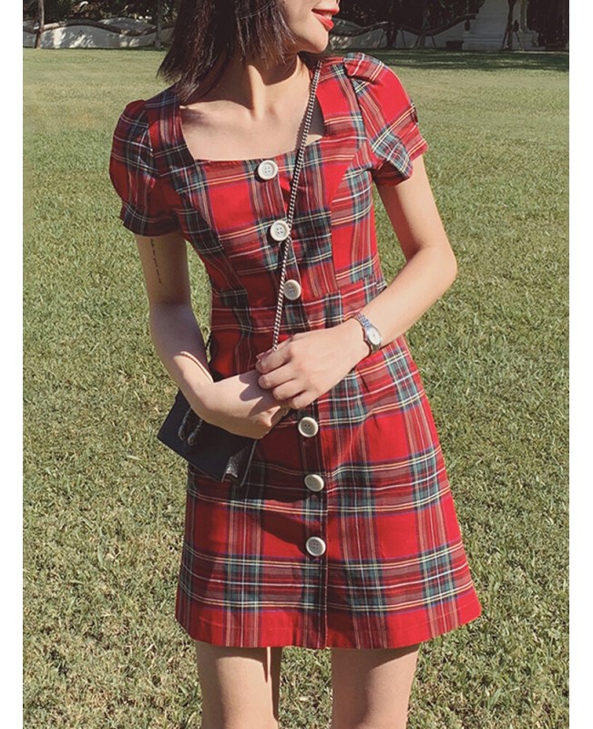 Plaid Square Neck Streetwear Holiday Women Dress - Yellow S