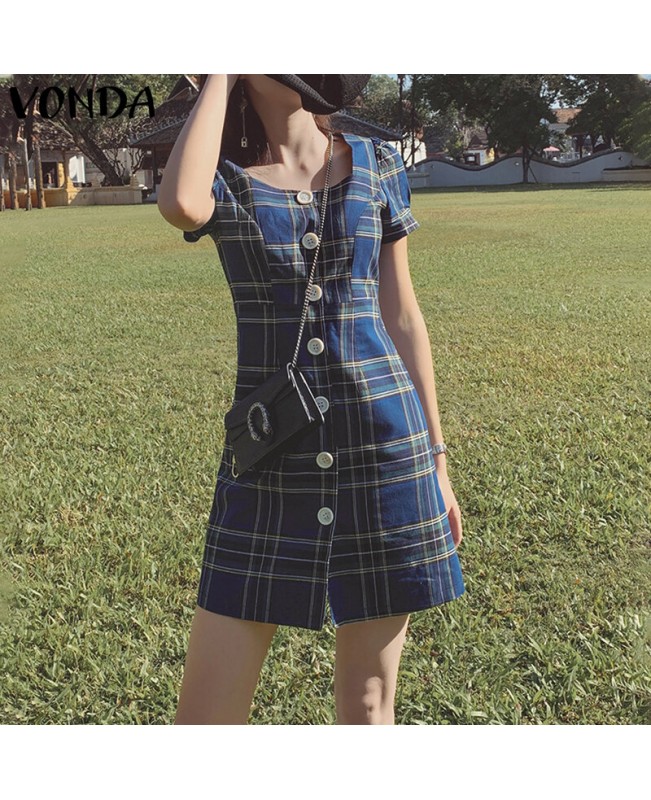 Plaid Square Neck Streetwear Holiday Women Dress - Yellow S