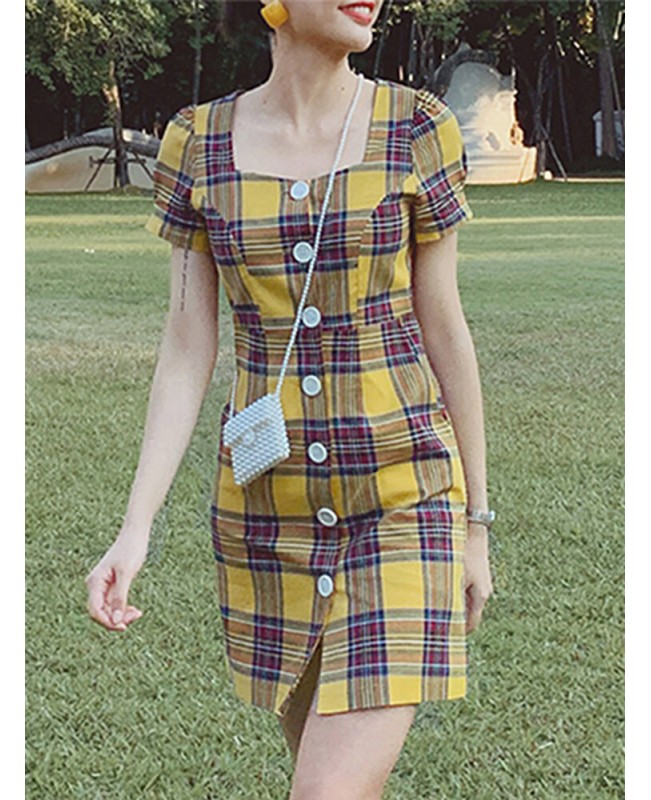 Plaid Square Neck Streetwear Holiday Women Dress - Yellow S