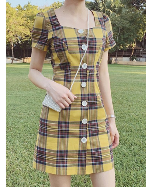 Plaid Square Neck Streetwear Holiday Women Dress -...