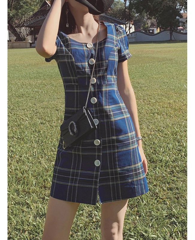 Plaid Square Neck Streetwear Holiday Women Dress - Yellow S