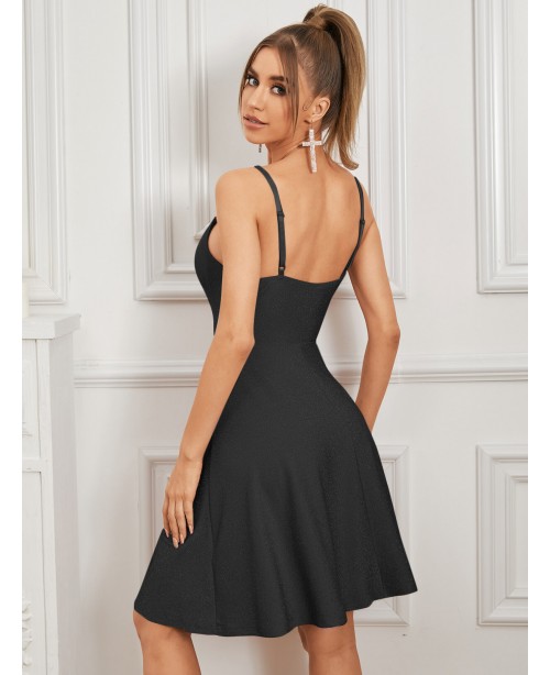 Glitter Design Spaghetti Backless Mini Dress - Bla...