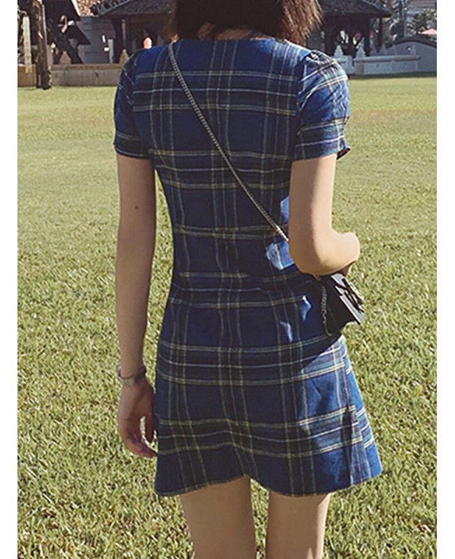 Plaid Square Neck Streetwear Holiday Women Dress - Yellow S