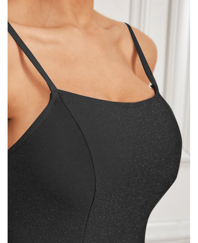 Glitter Design Spaghetti Backless Mini Dress - Black XS