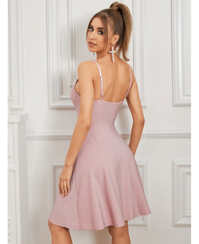 Glitter Design Spaghetti Backless Mini Dress - Black XS