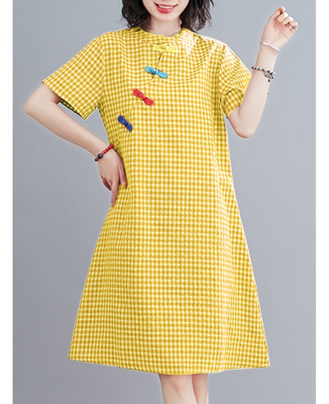 Short Sleeve Stand Collar Pleated Spliced Plaid Casual Dress For Women - Black S