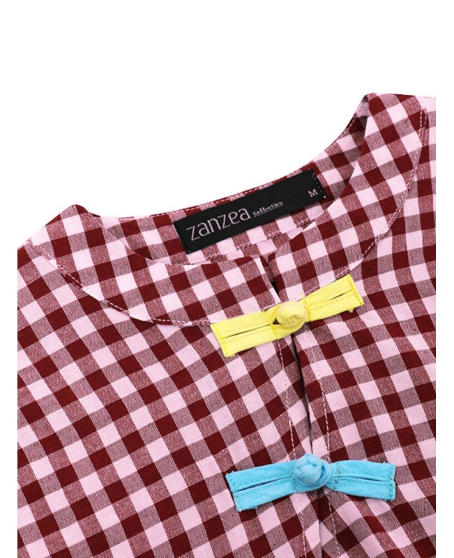Short Sleeve Stand Collar Pleated Spliced Plaid Casual Dress For Women - Black S