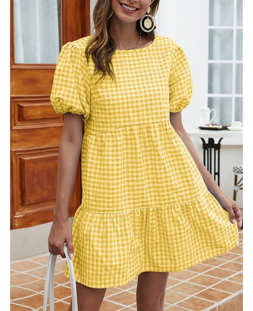 Women Plaid Puff Sleeve O-Neck Casual Mini Dress -...