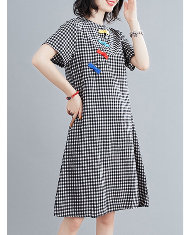 Short Sleeve Stand Collar Pleated Spliced Plaid Casual Dress For Women - Black S