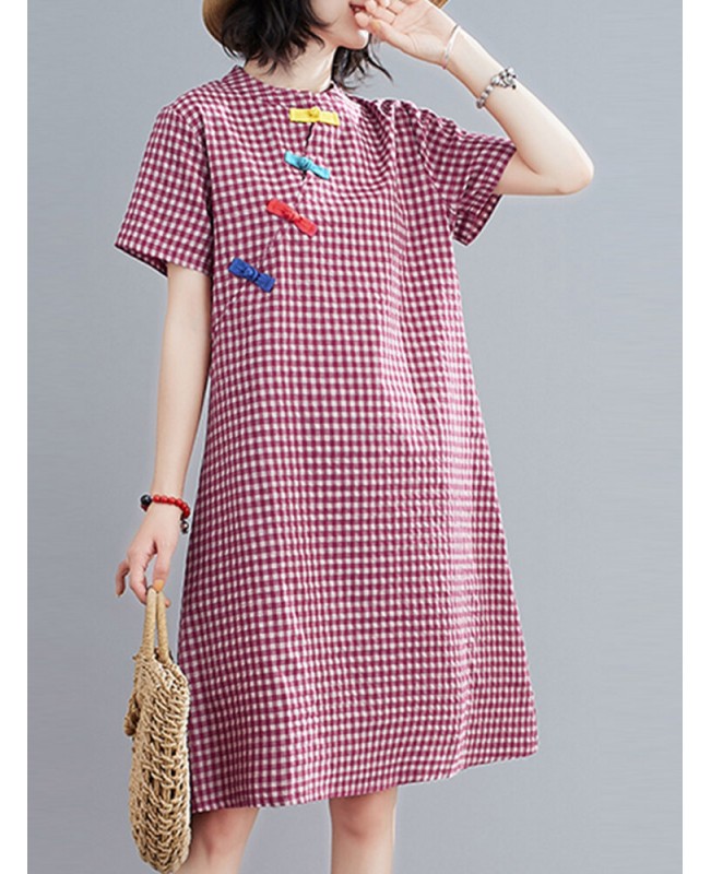 Short Sleeve Stand Collar Pleated Spliced Plaid Casual Dress For Women - Black S