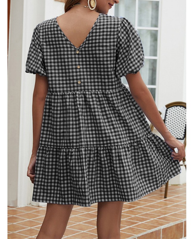 Women Plaid Puff Sleeve O-Neck Casual Mini Dress - Black S