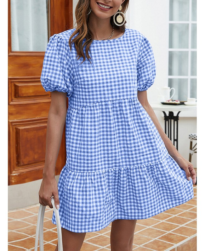 Women Plaid Puff Sleeve O-Neck Casual Mini Dress - Black S