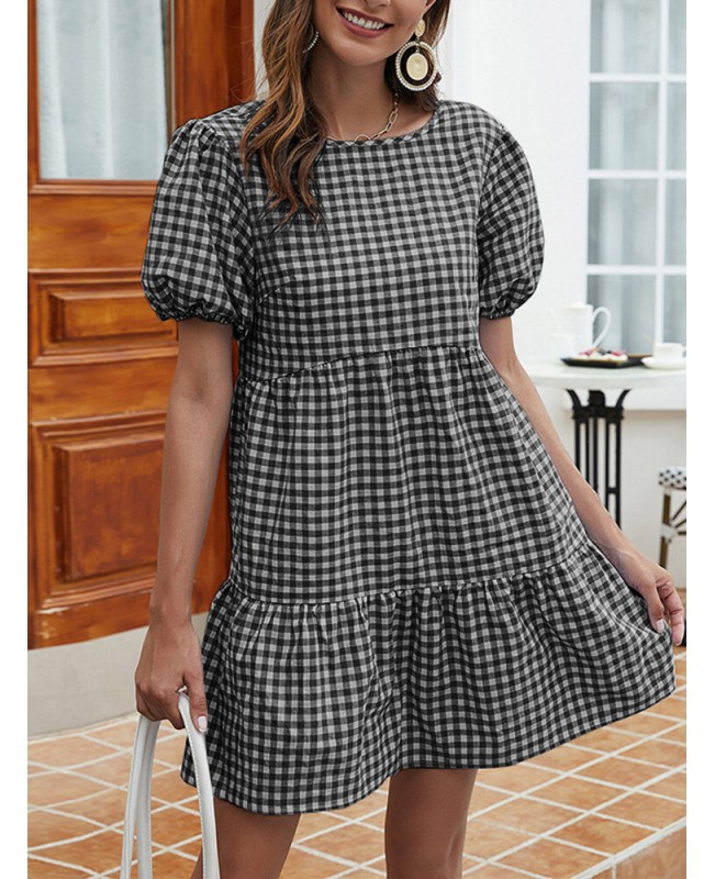 Women Plaid Puff Sleeve O-Neck Casual Mini Dress - Black S
