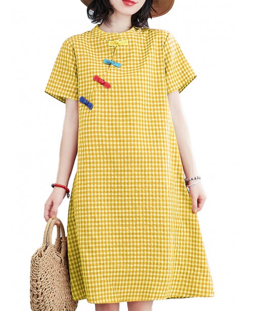 Short Sleeve Stand Collar Pleated Spliced Plaid Ca...