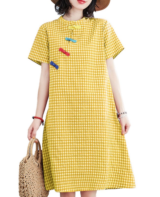 Short Sleeve Stand Collar Pleated Spliced Plaid Casual Dress For Women - Black S