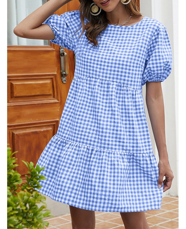Women Plaid Puff Sleeve O-Neck Casual Mini Dress - Black S