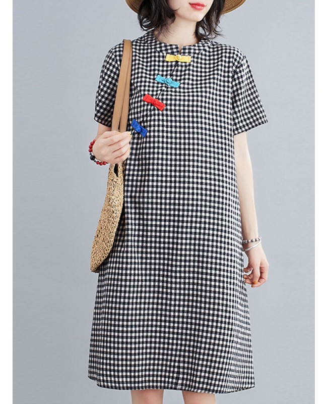 Short Sleeve Stand Collar Pleated Spliced Plaid Casual Dress For Women - Black S
