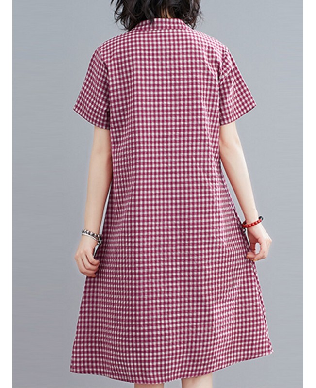 Short Sleeve Stand Collar Pleated Spliced Plaid Casual Dress For Women - Black S