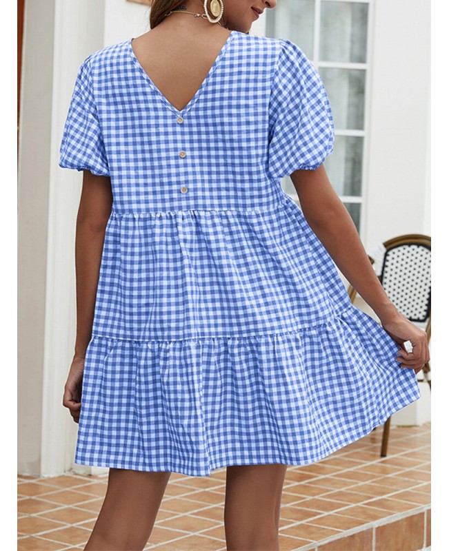 Women Plaid Puff Sleeve O-Neck Casual Mini Dress - Black S