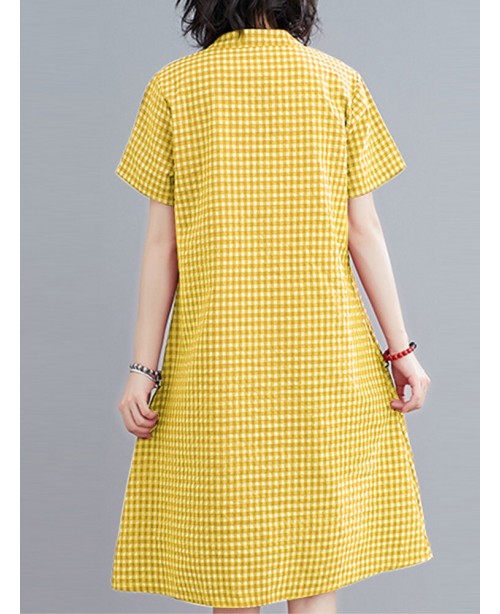 Short Sleeve Stand Collar Pleated Spliced Plaid Ca...