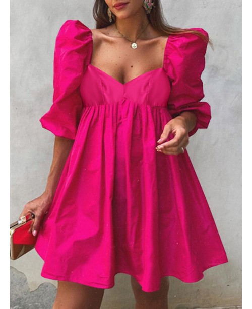 Puff Sleeve Casual Solid Pleating Summer Holiday D...