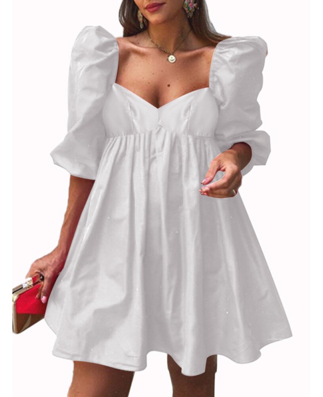 Puff Sleeve Casual Solid Pleating Summer Holiday Dress For Women - Black S