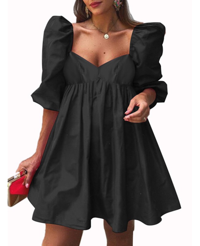 Puff Sleeve Casual Solid Pleating Summer Holiday Dress For Women - Black S