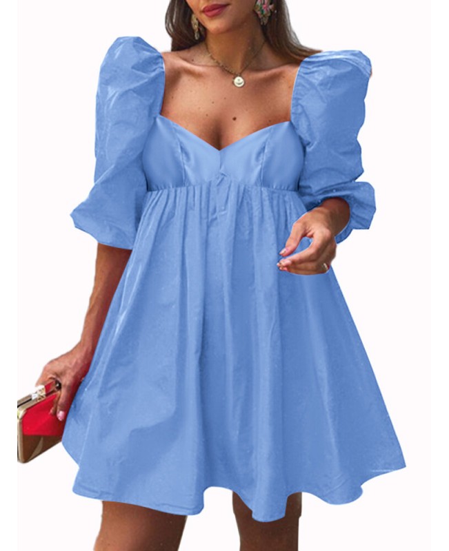 Puff Sleeve Casual Solid Pleating Summer Holiday Dress For Women - Black S