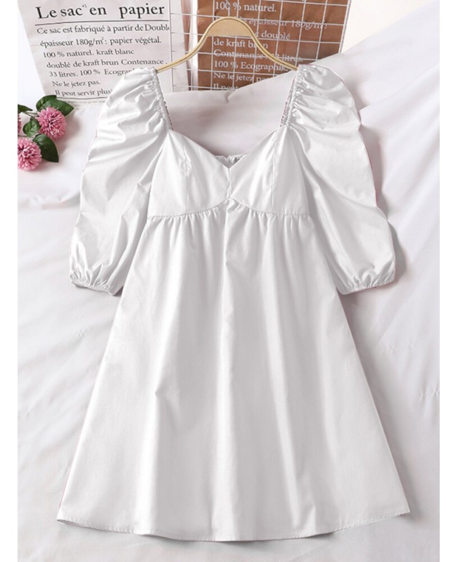 Puff Sleeve Casual Solid Pleating Summer Holiday Dress For Women - Black S